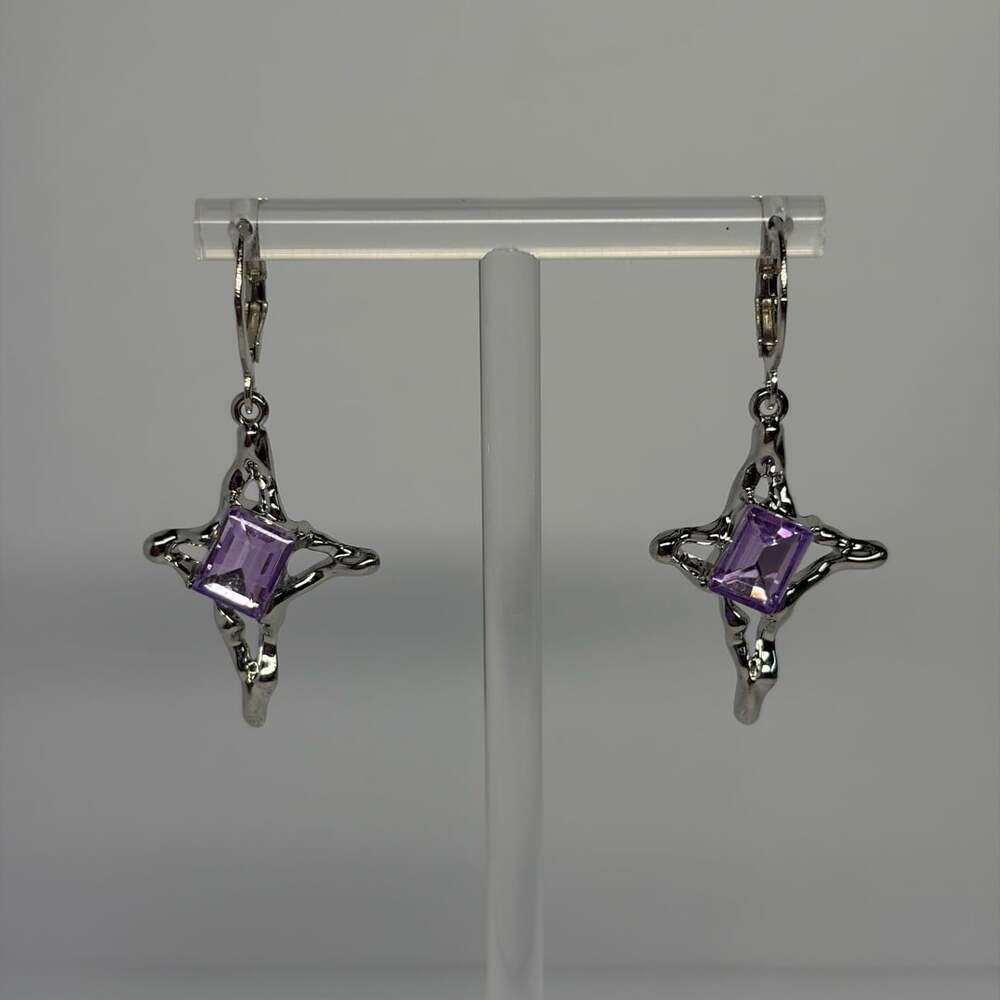 Stainless Steel Silver Tone Purple Crystal Star Dangle Leverback Earrings